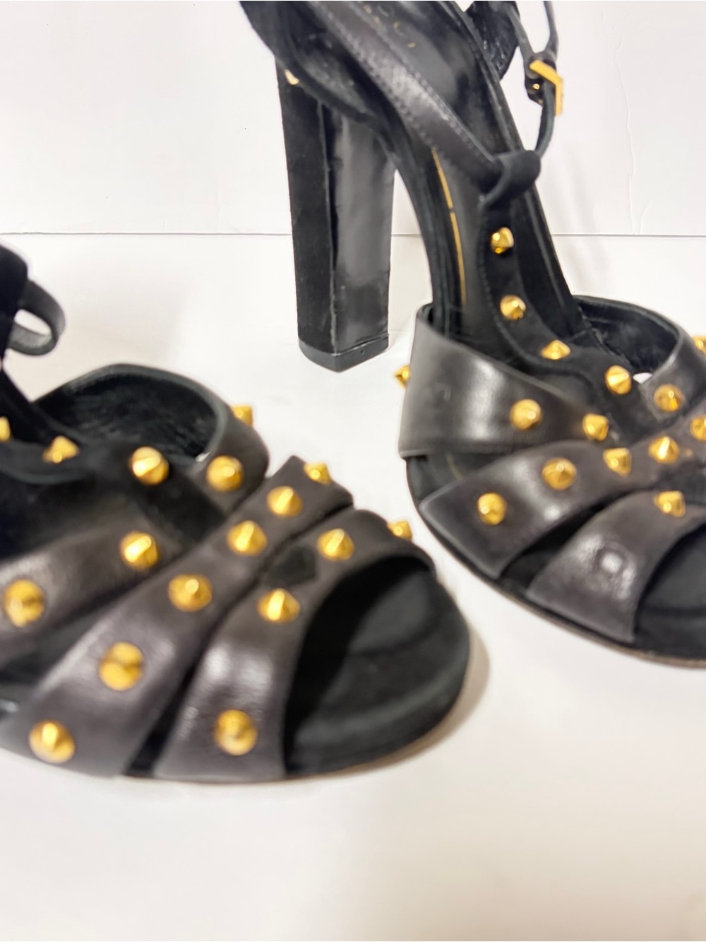 Gucci Black Leather Studded Block Heel Ankle T‑Strap Sandals - Picture 2 of 8